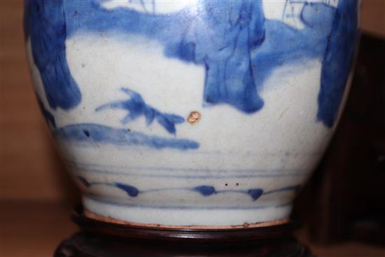 A Chinese Ming blue and white jar, Wanli period, hare mark, with hardwood stand and cover height excl. stand and cover 17cm